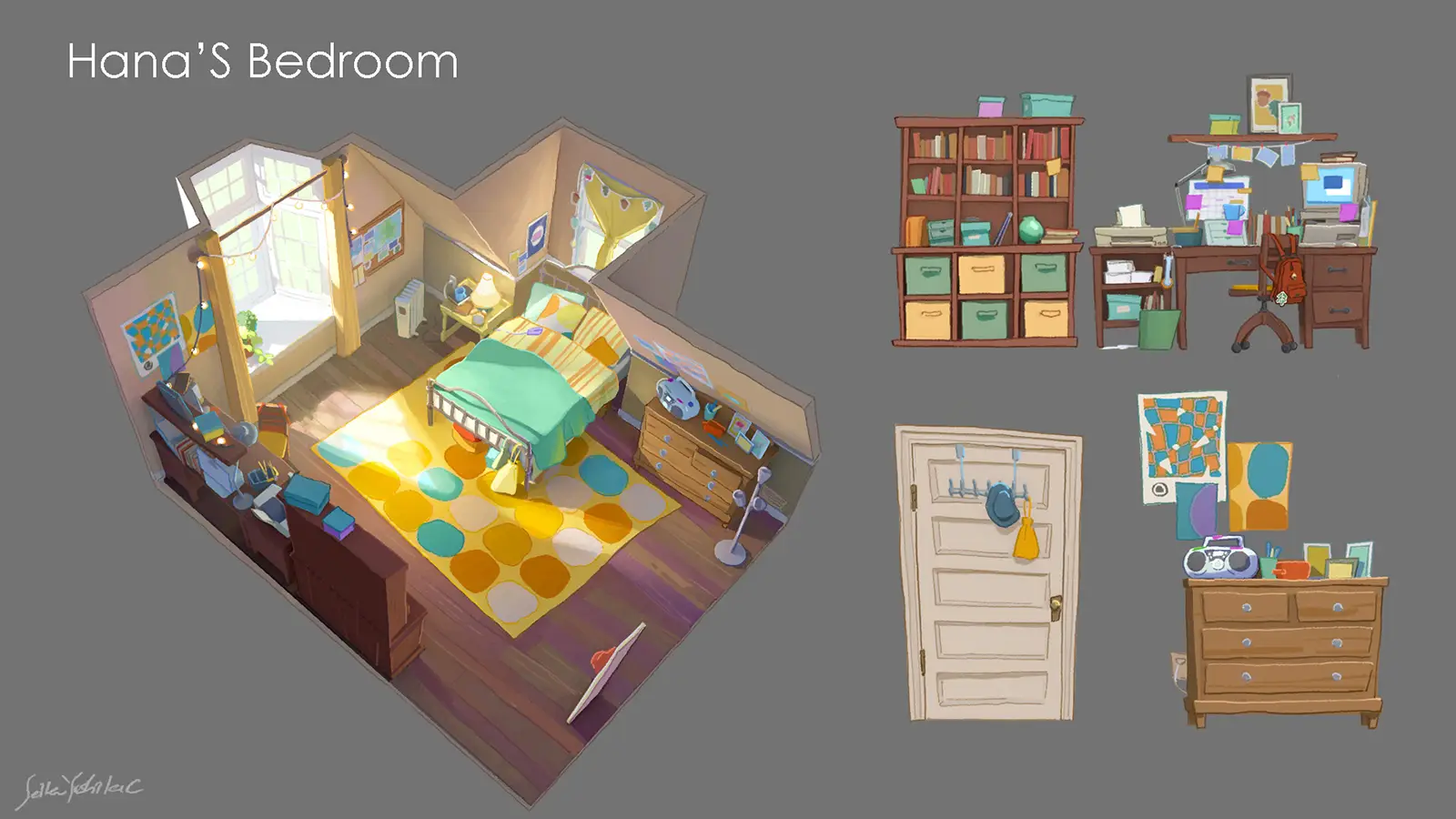 Model sheet for ‘Hana’s Bedroom’ showing an isometric attic bedroom layout plus separate prop and furniture designs (bookshelf, desk, door, dresser). 『Hana’s Bedroom』のモデルシート。屋根裏部屋の寝室をアイソメで示し、棚・机・ドア・タンスなどの家具／小物デザインも個別に掲載。