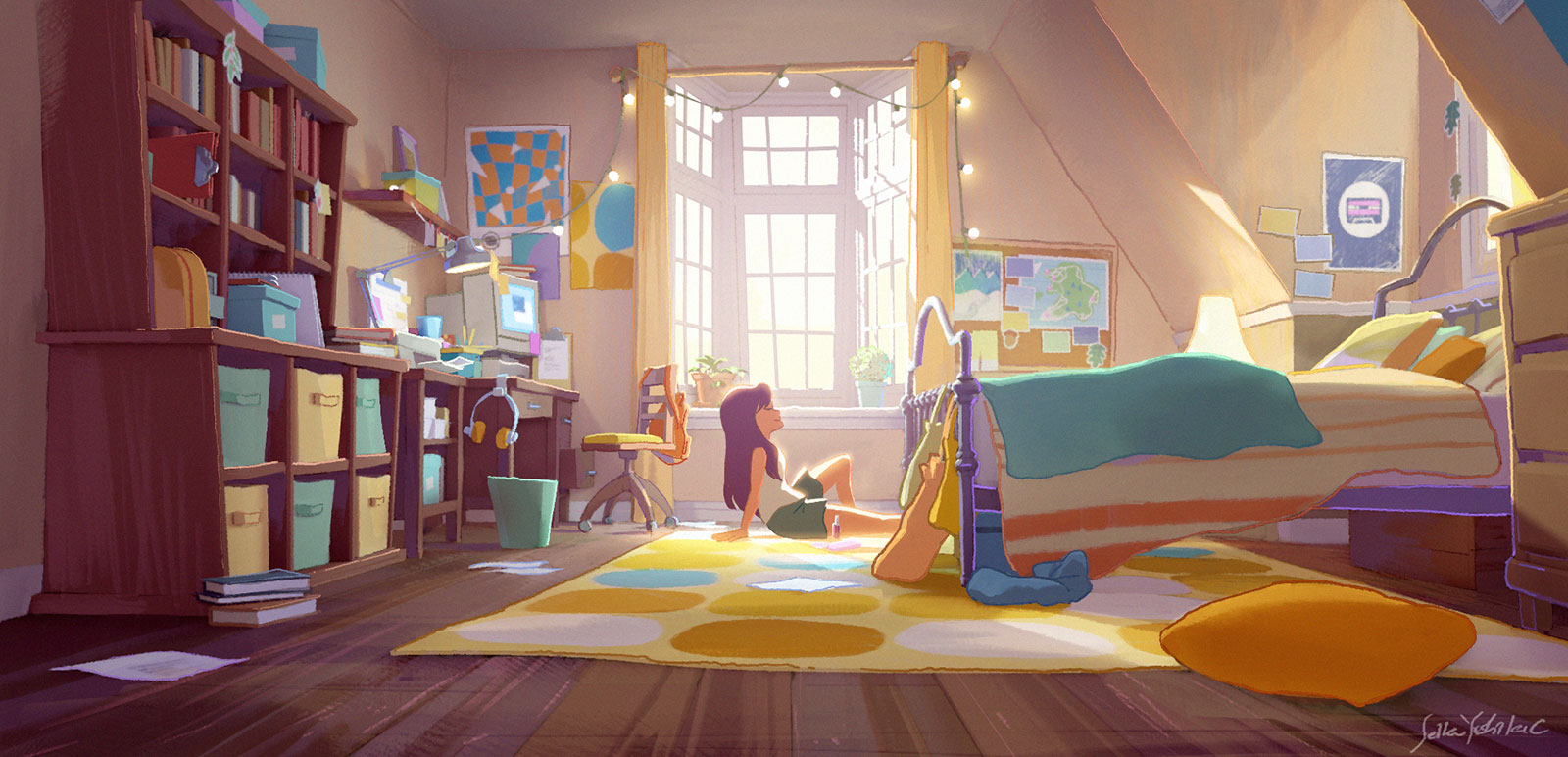 Sunlit attic bedroom with a cozy bed and desk; a girl sits on the floor in a bright patch of window light.  屋根裏部屋の寝室。ベッドと机のある落ち着いた空間で、窓から差す光の中に座る少女。