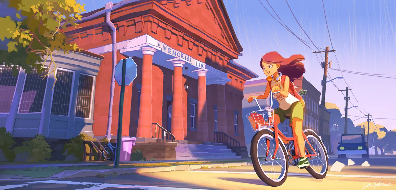 Girl rides a bicycle past a red-brick memorial library in warm afternoon light, her hair and headphones trailing in the breeze. 午後のやわらかな光の中、赤レンガの記念図書館の前を自転車で走る少女。風に髪とヘッドホンが揺れている。