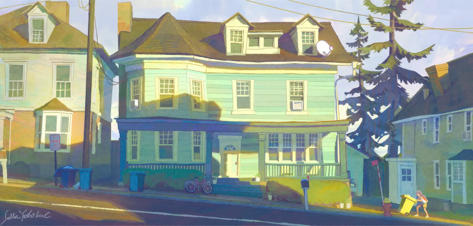 Morning light washes over a pale-green neighborhood house, with soft shadows across the porch and a small figure near the curb. 朝の光に照らされた淡い緑色の住宅。ポーチに柔らかな影が落ち、道端に小さな人物が見える。