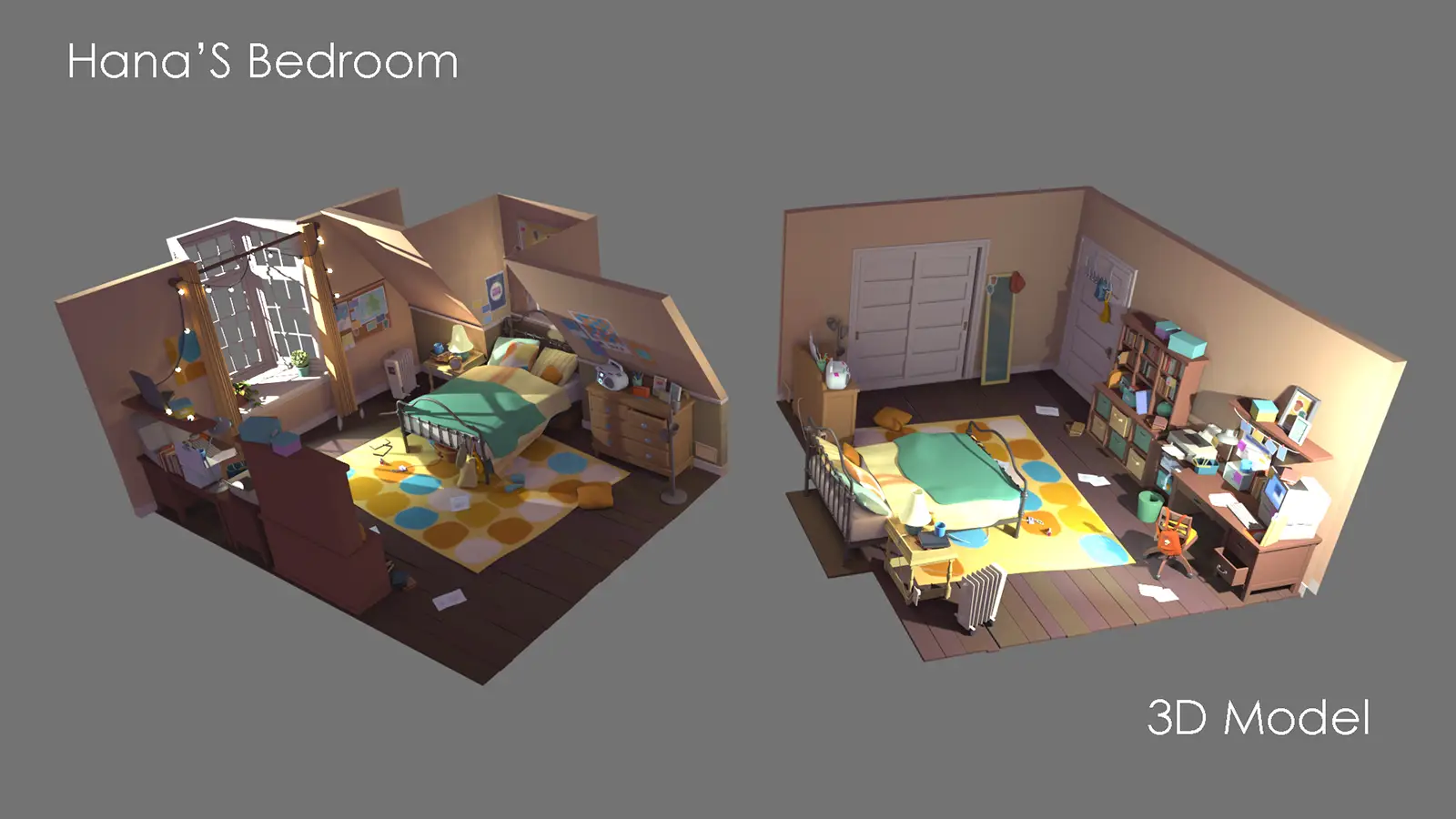 3D model views of ‘Hana’s Bedroom,’ showing the full attic room layout from two angles with bed, desk, shelves, and scattered papers. 『Hana’s Bedroom』の3Dモデルを2つの角度から示した画像。ベッドや机、本棚、散らばった紙などを含む屋根裏部屋の全体レイアウト。