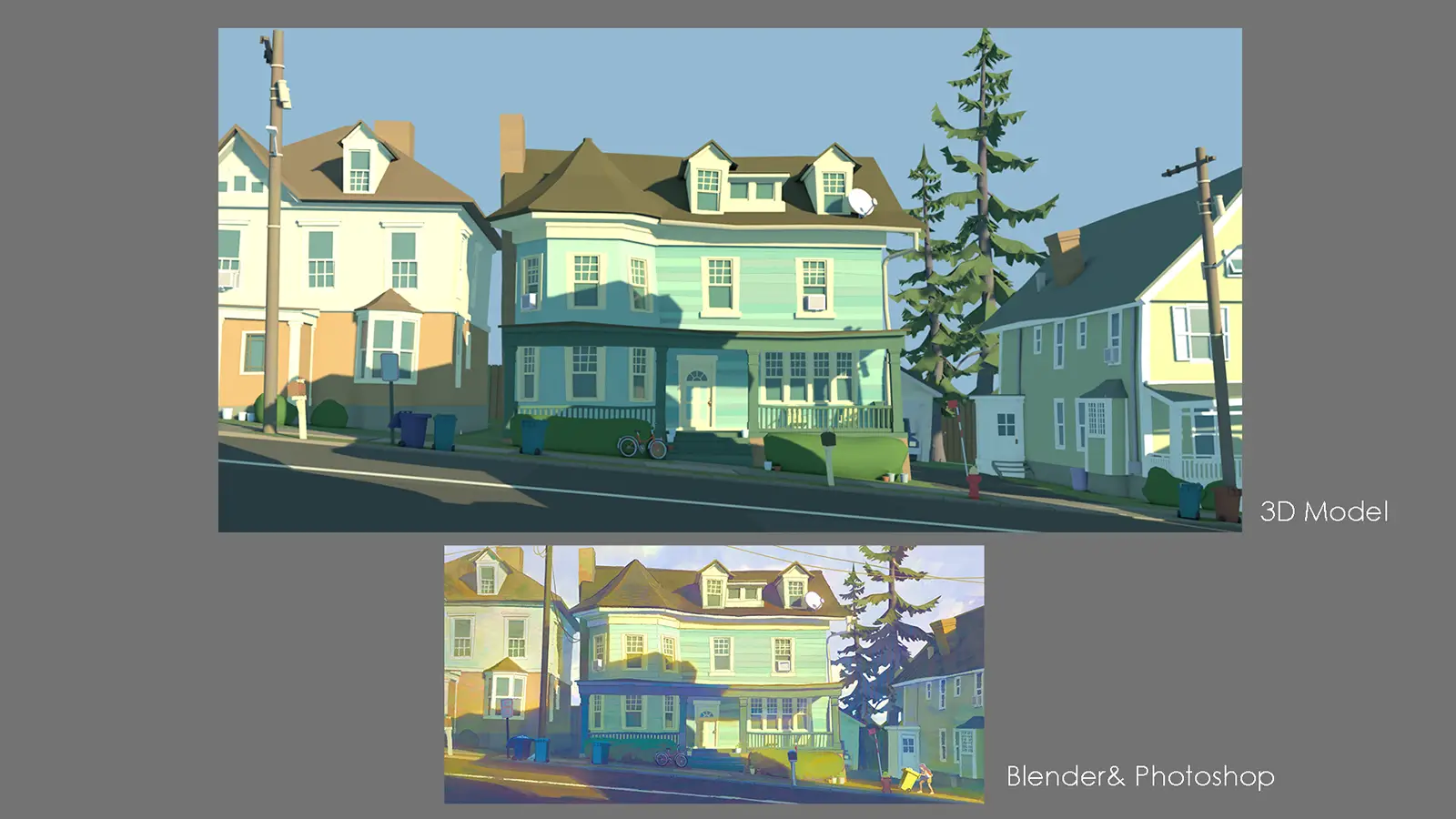 Comparison sheet of a residential street scene: a clean 3D model render on top and a stylized paint-over version below labeled ‘Blender & Photoshop. 住宅街のシーン比較画像。上段はクリーンな3Dモデルのレンダー、下段は『Blender & Photoshop』と記されたスタイライズされたペイントオーバー版。