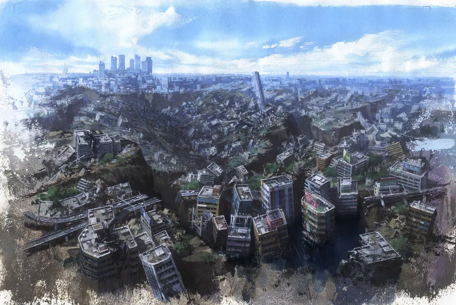 Background art from Seraph of the End: Vampire Reign depicting a vast post-apocalyptic city split by a massive chasm, with collapsed buildings tilting inward beneath a pale blue sky. 『終わりのセラフ（Seraph of the End: Vampire Reign）』の背景美術。巨大な地割れによって分断された荒廃都市を、崩れ落ちるビル群と青白い空の下で描いている。