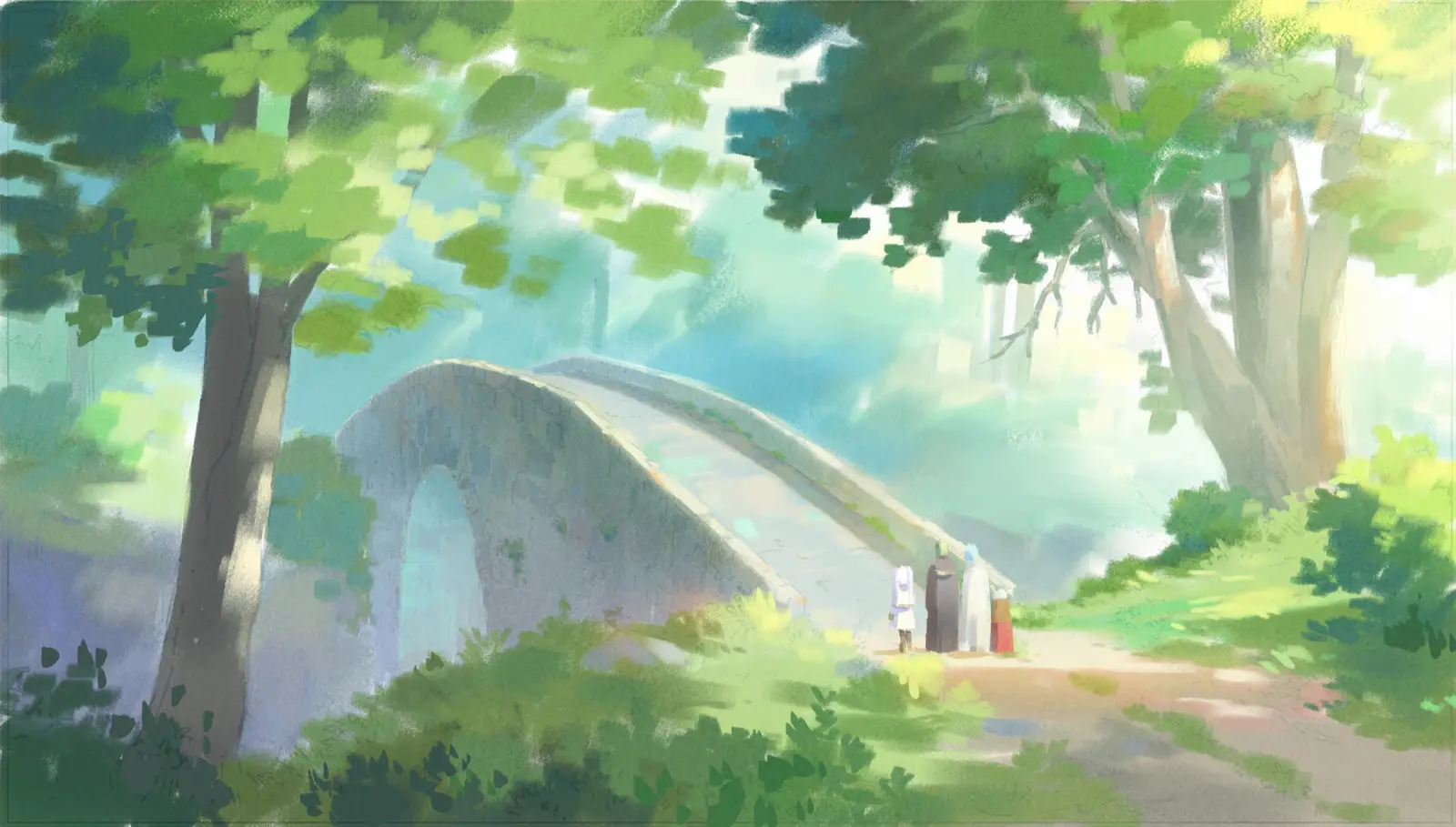 Color script artwork from Frieren: Beyond Journey’s End by background artist Seiko Yoshioka, depicting a sunlit forest path and small stone bridge where a group of travelers pauses beneath tall green trees as soft light filters through mist, creating a calm and reflective mood. アニメ『葬送のフリーレン』の背景美術家・吉岡誠子（Seiko Yoshioka）によるカラースクリプト。木漏れ日が差し込む森の小道と石橋のそばで旅人たちが静かに佇み、霧の中に柔らかな光が広がる穏やかで内省的な雰囲気が描かれている。