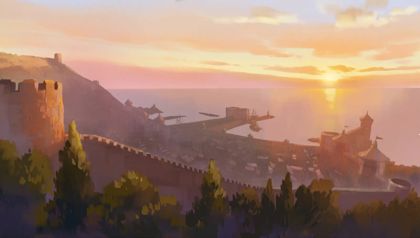 Coastal sunset color script artwork from Frieren: Beyond Journey’s End by background artist Seiko Yoshioka, showing a fortified seaside city with stone walls and towers overlooking a calm ocean as warm evening light reflects across the water. アニメ『葬送のフリーレン』の背景美術家・吉岡誠子（Seiko Yoshioka）による海辺の夕景カラースクリプト。穏やかな海を望む城壁と塔を備えた沿岸都市が、夕日の柔らかな光に包まれて描かれている。