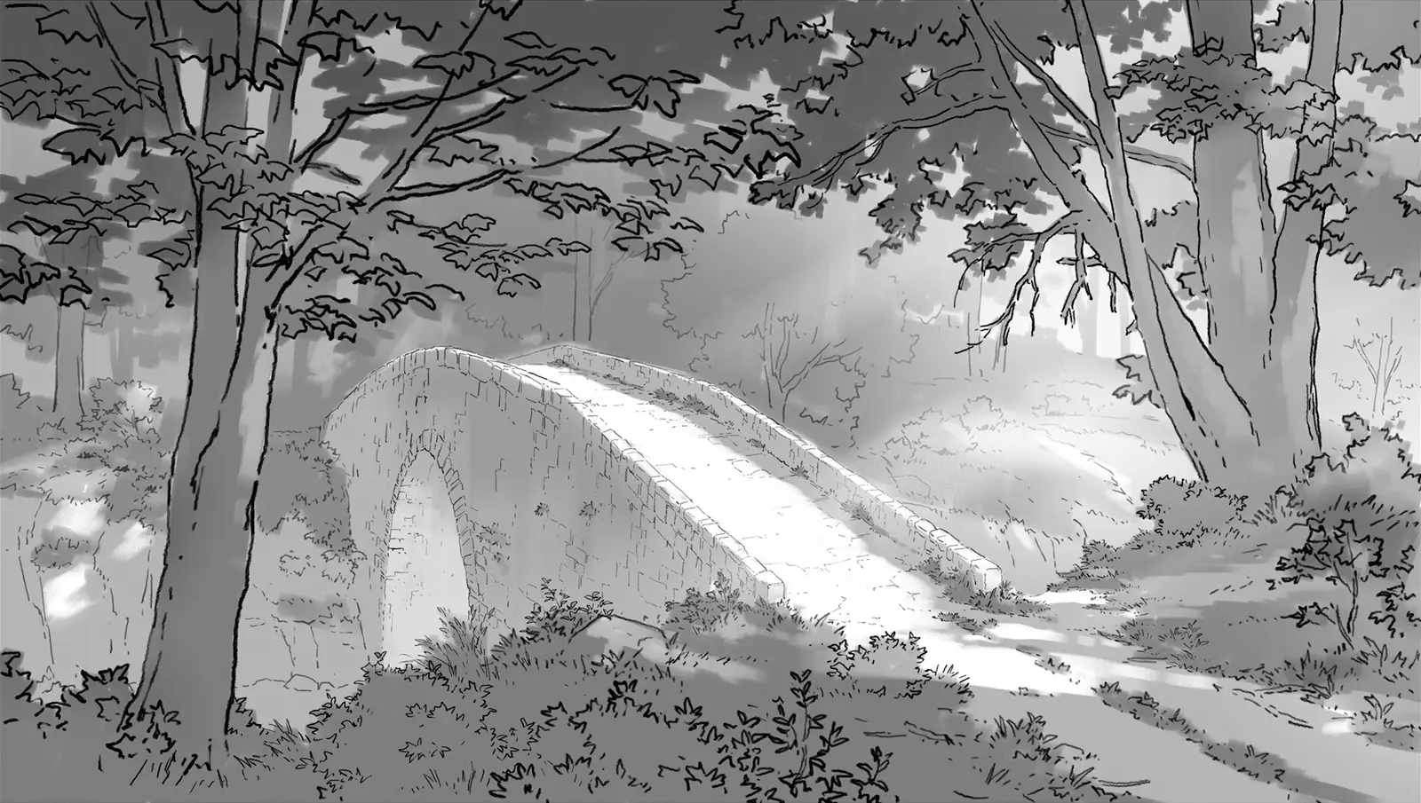 Concept art sketch from Frieren: Beyond Journey’s End Season 1 by background artist Seiko Yoshioka, depicting a stone arch bridge in a quiet forest, rendered in monochrome linework with soft light filtering through the trees. アニメ『葬送のフリーレン』第1期の背景美術家・吉岡誠子（Seiko Yoshioka）によるコンセプトアートスケッチ。森の中に佇む石造りのアーチ橋を、柔らかな木漏れ日とともにモノクロの線画で表現している。