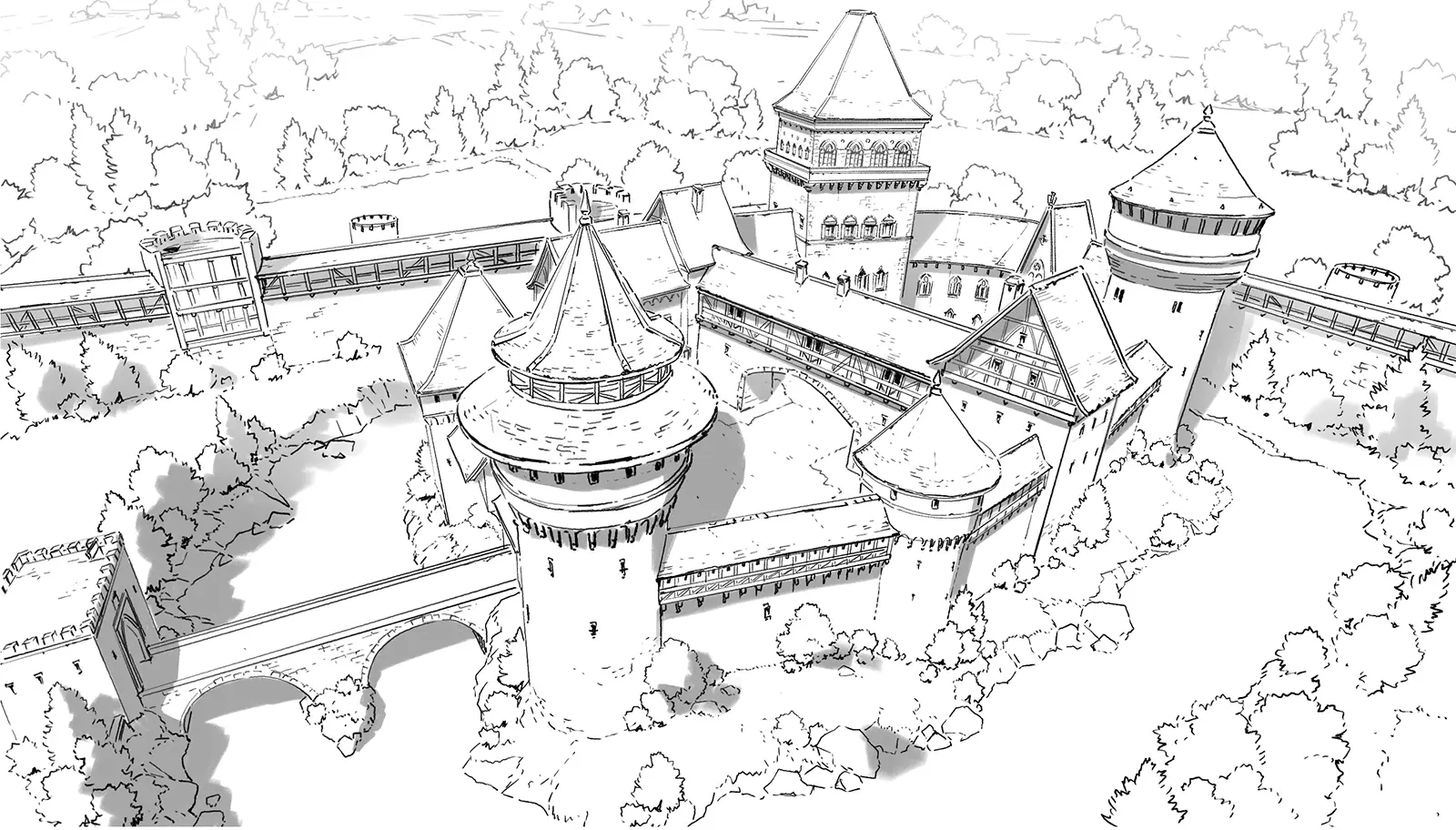 Concept art sketch from Frieren: Beyond Journey’s End Season 1 by background artist Seiko Yoshioka, depicting a bird’s-eye view of a fortified castle complex with round towers, connecting walls, and arched bridges spanning a river, rendered in clean monochrome linework that emphasizes architectural layout, scale, and medieval fantasy design. アニメ『葬送のフリーレン』第1期の背景美術家・吉岡誠子（Seiko Yoshioka）によるコンセプトアートスケッチ。川に架かるアーチ橋や円塔、城壁で構成された城塞を俯瞰視点で描き、モノクロの線画によって建築構造の配置、スケール感、中世ファンタジー世界の重厚さを表現している。