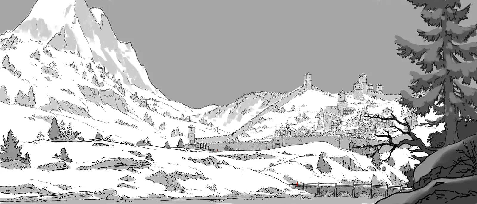 Concept art sketch from Frieren: Beyond Journey’s End Season 1 by background artist Seiko Yoshioka, showing a wide panoramic view of a snow-covered mountain valley with a fortified city and long defensive walls stretching across the hills, a stone bridge in the foreground, and towering peaks in the distance, rendered in monochrome linework that emphasizes scale, geography, and a quiet, contemplative fantasy mood. アニメ『葬送のフリーレン』第1期の背景美術家・吉岡誠子（Seiko Yoshioka）によるコンセプトアートスケッチ。雪に覆われた山岳地帯の谷を見渡すパノラマ構図で、丘陵に沿って延びる城壁と城塞都市、手前には石橋、奥にはそびえ立つ山々が描かれている。モノクロの線画表現により、地形の広がりとスケール感、静かで内省的なファンタジーの雰囲気が強調されている。