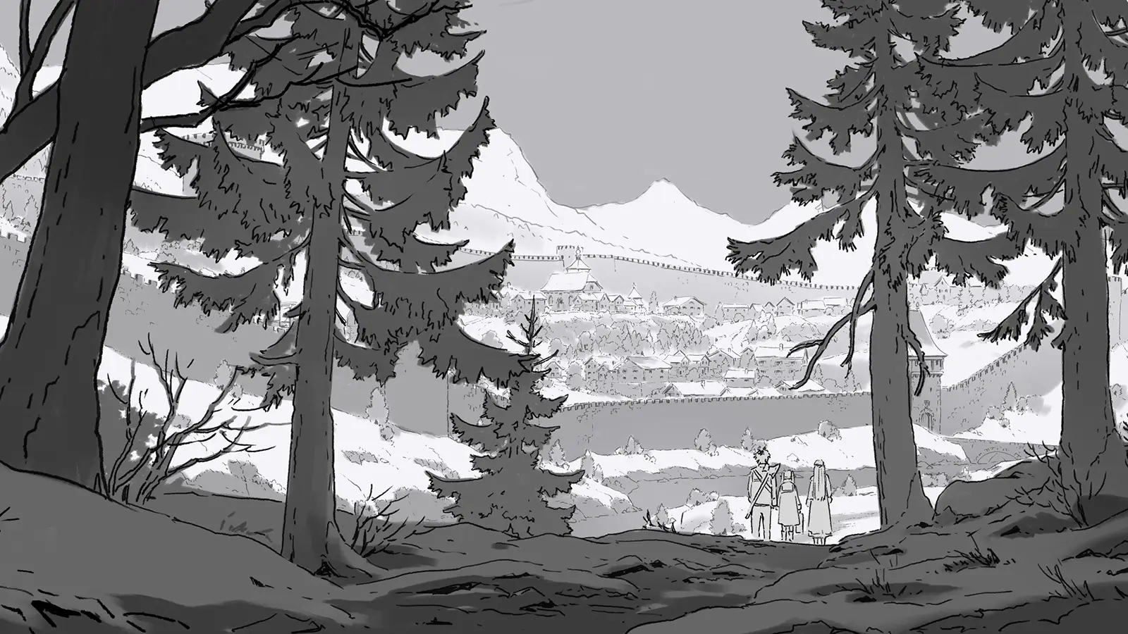 Concept art sketch from Frieren: Beyond Journey’s End Season 1 by background artist Seiko Yoshioka, depicting a distant walled city and castle seen through tall evergreen trees, with three small figures standing on a forested ridge in the foreground, rendered in monochrome linework that emphasizes scale, depth, and the quiet, reflective tone of the journey. アニメ『葬送のフリーレン』第1期の背景美術家・吉岡誠子（Seiko Yoshioka）によるコンセプトアートスケッチ。高い針葉樹に囲まれた森の高台から、城壁に囲まれた都市と城を遠景に望み、手前には三人の人物が立つ構図で、モノクロの線画によってスケール感、奥行き、旅の静かな余韻を表現している。