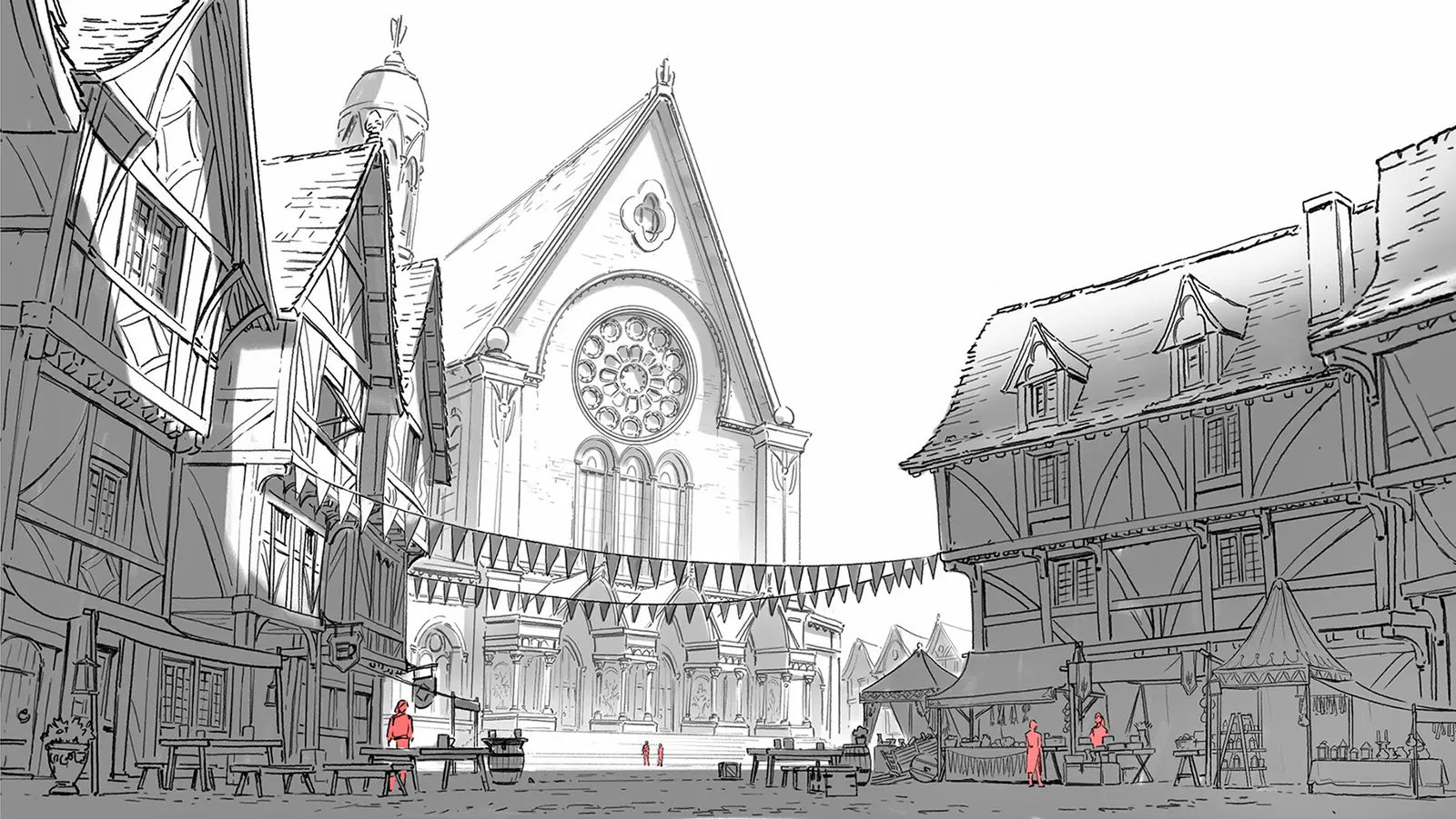 Concept art sketch from Frieren: Beyond Journey’s End Season 1 by background artist Seiko Yoshioka, showing a medieval town square centered on a large church with a rose window, surrounded by timber-framed buildings, market stalls, and hanging festival banners, rendered in detailed monochrome linework. アニメ『葬送のフリーレン』第1期の背景美術家・吉岡誠子（Seiko Yoshioka）によるコンセプトアートスケッチ。バラ窓のある大きな教会を中心に、木組みの建物や市場の屋台、旗飾りが並ぶ中世風の町の広場を、緻密なモノクロ線画で描いている。