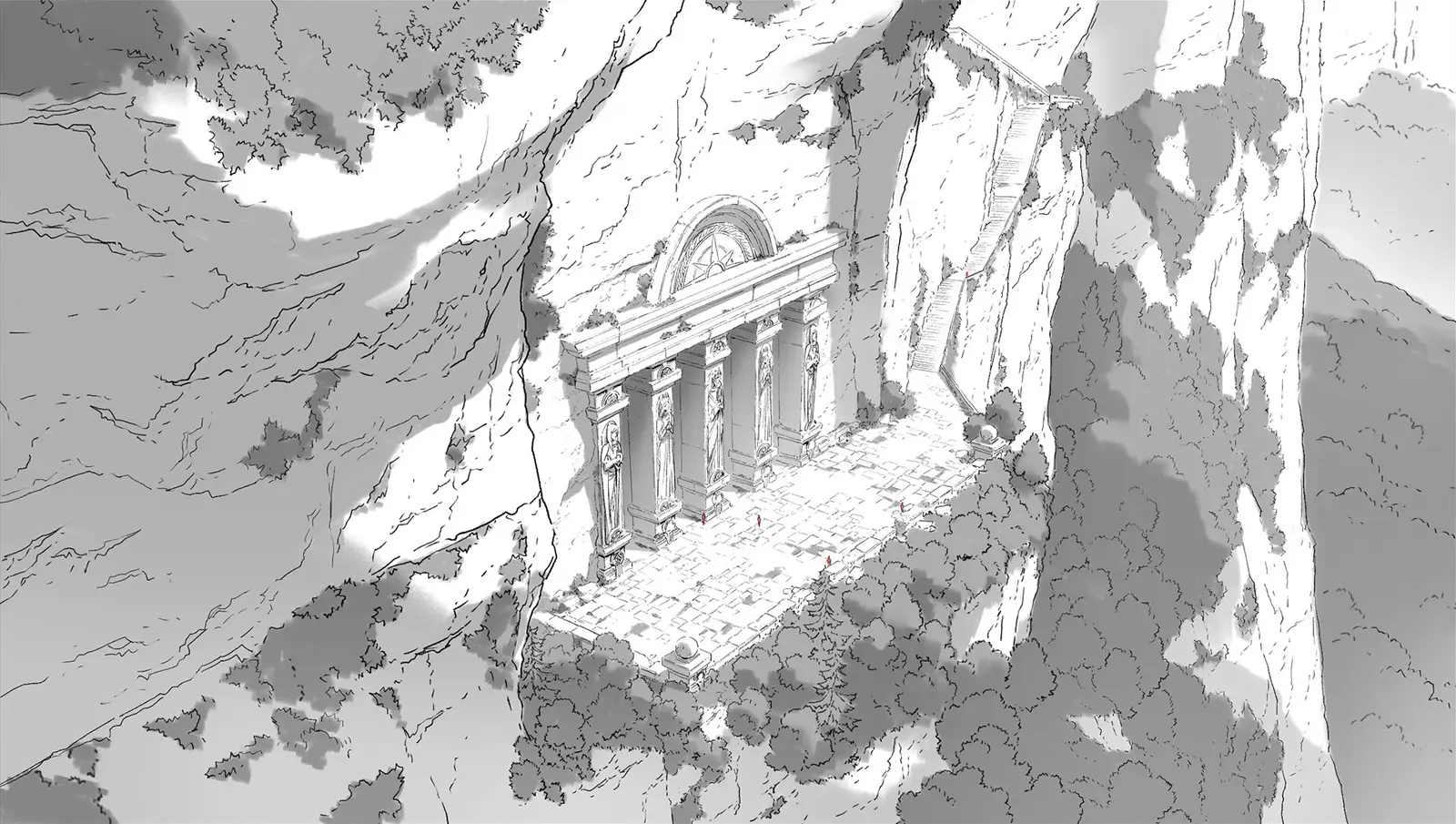 Concept art sketch from Frieren: Beyond Journey’s End Season 1 by background artist Seiko Yoshioka, depicting a monumental stone façade carved into a sheer cliffside. Tall columns frame an ornate arched entrance opening onto a wide terrace, with tiny human figures emphasizing the immense scale. Dense trees cling to the rock below, and a narrow stairway ascends the cliff, conveying isolation, grandeur, and quiet reverence. アニメ『葬送のフリーレン』第1期の背景美術家・吉岡誠子（Seiko Yoshioka）によるコンセプトアートスケッチ。切り立った断崖に彫り込まれた巨大な石造建築が描かれ、高い柱と装飾的なアーチが広いテラスへと続いている。人物は極小に描かれ、建築物の圧倒的なスケールが強調されており、崖下に茂る樹木と上へ続く細い階段が、静謐さと荘厳さを表現している。