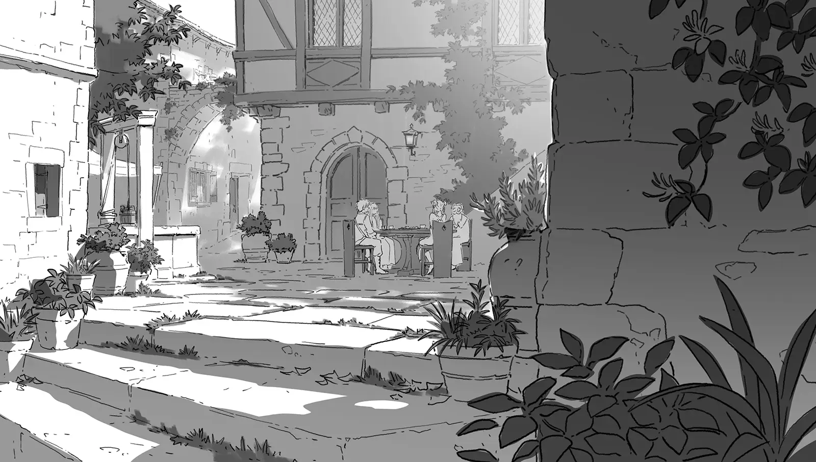 Concept art sketch from Frieren: Beyond Journey’s End Season 1 by background artist Seiko Yoshioka, showing a quiet stone courtyard framed by arches, ivy, and potted plants. In the middle distance, several figures sit around a small table beneath a balcony, while soft sunlight filters across the ground, creating a calm, lived-in atmosphere that emphasizes everyday life within the fantasy world. アニメ『葬送のフリーレン』第1期の背景美術家・吉岡誠子（Seiko Yoshioka）によるコンセプトアートスケッチ。石造りの中庭がアーチや蔦、鉢植えの植物に囲まれて描かれ、奥では数人の人物がバルコニー下の小さな卓を囲んで座っている。柔らかな光が地面に差し込み、ファンタジー世界の日常と静かな生活感が表現されている。