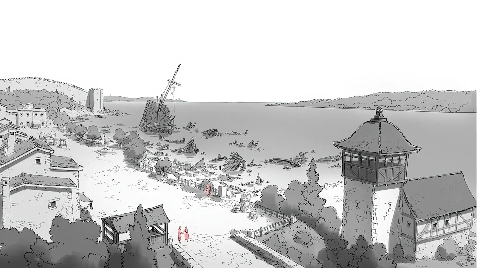 Concept art sketch from Frieren: Beyond Journey’s End Season 1 by background artist Seiko Yoshioka, depicting a quiet coastal harbor with shipwreck remains scattered along the shoreline, a watchtower and stone buildings in the foreground, and distant hills across the water, rendered in detailed monochrome linework. アニメ『葬送のフリーレン』第1期の背景美術家・吉岡誠子（Seiko Yoshioka）によるコンセプトアートスケッチ。難破船の残骸が点在する静かな港町の海岸を描き、手前には見張り塔や石造りの建物、奥には水面を挟んだ丘陵地が広がる構図を、緻密なモノクロ線画で表現している。