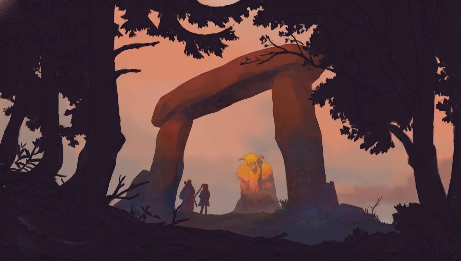 Frieren: Beyond Journey’s End (Season 1) concept/color script: three travelers silhouetted at dusk beneath a giant stone arch, facing a glowing golden tree-like monument in a quiet forest clearing. 『葬送のフリーレン』第1期 コンセプト／カラースクリプト：夕暮れの森の空き地。巨大な石のアーチの下に旅人3人のシルエットが立ち、金色に光る樹木のようなモニュメントを見つめている。