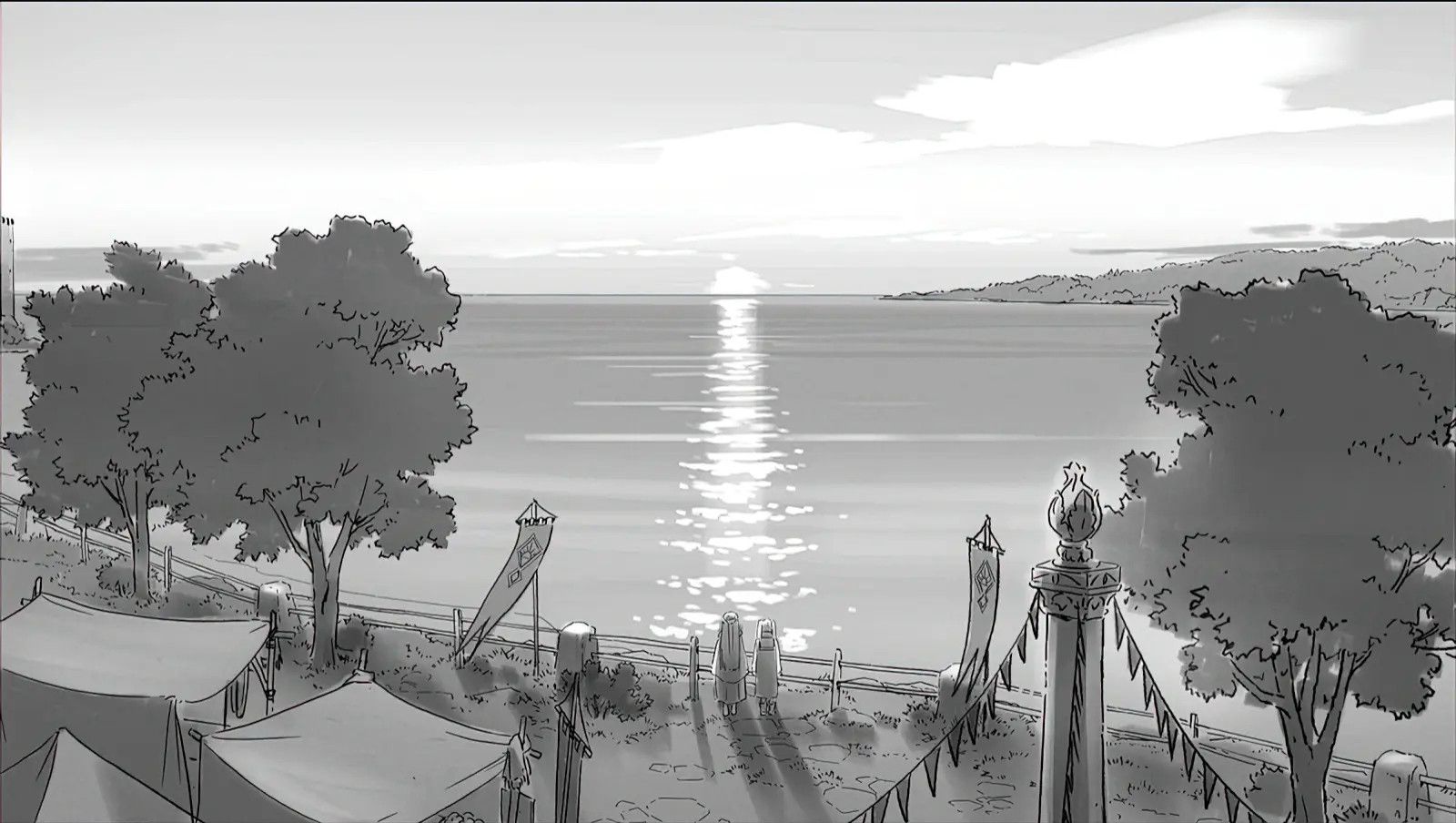 Concept art sketch from Frieren: Beyond Journey’s End Season 1 by background artist Seiko Yoshioka, depicting a quiet coastal overlook at sunset with the sun reflecting across a calm sea, framed by trees, banners, and tents, rendered in soft monochrome tones that emphasize stillness and reflection. アニメ『葬送のフリーレン』第1期の背景美術家・吉岡誠子（Seiko Yoshioka）によるコンセプトアートスケッチ。静かな海辺の高台から夕日が穏やかな海面に反射する情景を描き、木々や旗、テントに囲まれた構図を、落ち着いたモノクロ調で静謐さと余韻を強調している。