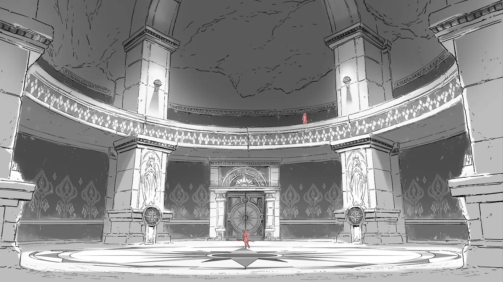 Interior ceremonial hall concept art from Frieren: Beyond Journey’s End Season 1, by Seiko Yoshioka, showing a vast stone chamber with pillars, murals, and a circular floor motif. 『葬送のフリーレン』第1期のコンセプトアート。石柱と壁画に囲まれた広大な儀式空間を描いた、吉岡誠一による背景美術。