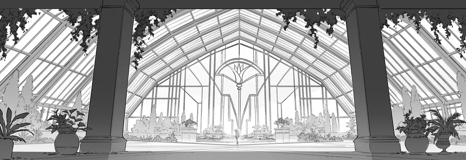 Concept art sketch from Frieren: Beyond Journey’s End Season 1 by background artist Seiko Yoshioka, depicting a vast indoor conservatory or garden hall with a high glass ceiling, arched metal framework, and symmetrical columns. Potted plants and greenery line the space, while a lone figure stands at the center, emphasizing the scale, quiet atmosphere, and contemplative tone of the fantasy setting. アニメ『葬送のフリーレン』第1期の背景美術家・吉岡誠子（Seiko Yoshioka）によるコンセプトアートスケッチ。高いガラス屋根とアーチ状の骨組み、左右対称に並ぶ柱を備えた広大な温室風の屋内庭園が描かれている。鉢植えや植物に囲まれた中央に人物が一人立ち、空間のスケール感と静けさ、そして作品特有の内省的な雰囲気が強調されている。