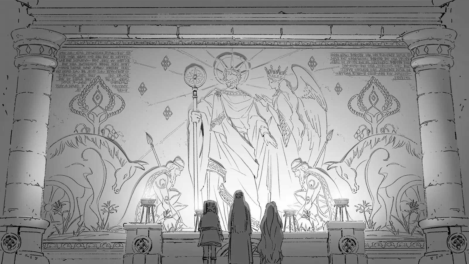 Concept art sketch from Frieren: Beyond Journey’s End Season 1 by background artist Seiko Yoshioka, showing an enormous mural relief inside a grand stone hall. A radiant, staff-holding central figure is flanked by winged attendants and kneeling figures, framed by columns and dense symbolic carvings. Three small robed characters stand in silhouette before the altar, emphasizing the scale, solemnity, and sacred atmosphere of the space. アニメ『葬送のフリーレン』第1期の背景美術家・吉岡誠子（Seiko Yoshioka）によるコンセプトアートスケッチ。壮大な石造ホール内部に刻まれた巨大な壁画レリーフが描かれ、杖を持つ光輪の人物を中心に、翼ある存在や跪く人物たちが左右に配置されている。手前には小さく描かれた3人の人物が祭壇を見上げて立ち、空間のスケール感と神聖で厳かな雰囲気を強調している。