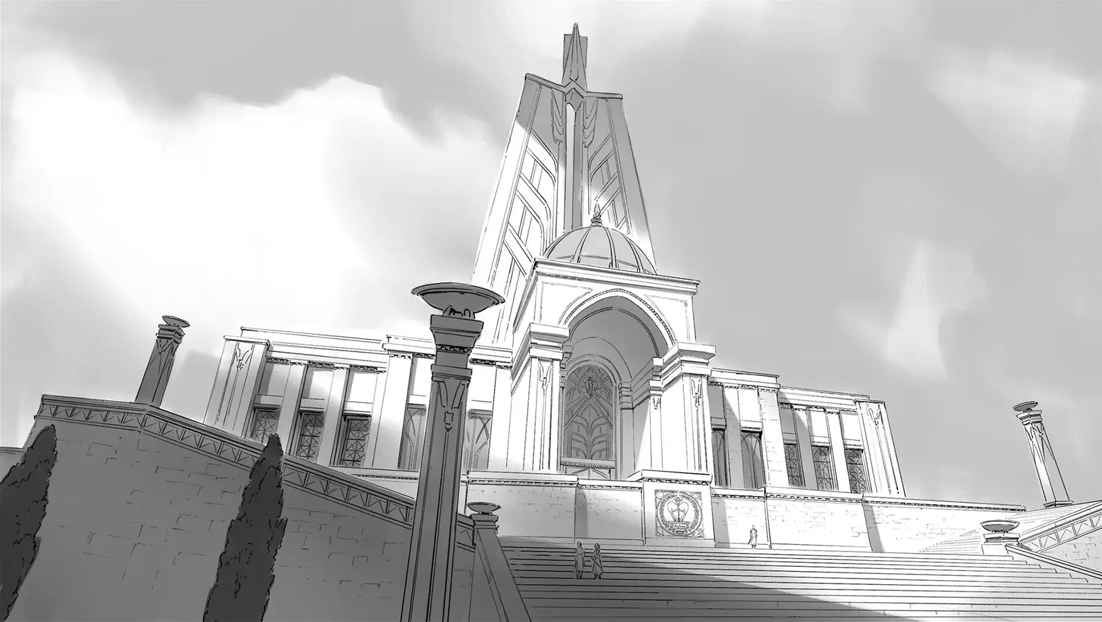 Concept art sketch from Frieren: Beyond Journey’s End Season 1 by background artist Seiko Yoshioka, showing a monumental, cathedral-like stone structure viewed from below, with a tall central tower, arched entrance, broad stairway, and flanking columns. The grayscale linework emphasizes scale, symmetry, and light filtering through clouds, conveying a solemn, almost sacred atmosphere within the series’ fantasy world. アニメ『葬送のフリーレン』第1期の背景美術家・吉岡誠子（Seiko Yoshioka）によるコンセプトアートスケッチ。高い中央塔とアーチ状の正面入口、広い階段、並ぶ柱を備えた大聖堂のような建築物を見上げる構図で描いている。モノクロの線画によって建物の壮大さと対称性、雲間から差し込む光が強調され、作品世界における厳粛で神聖な空気感が表現されている。