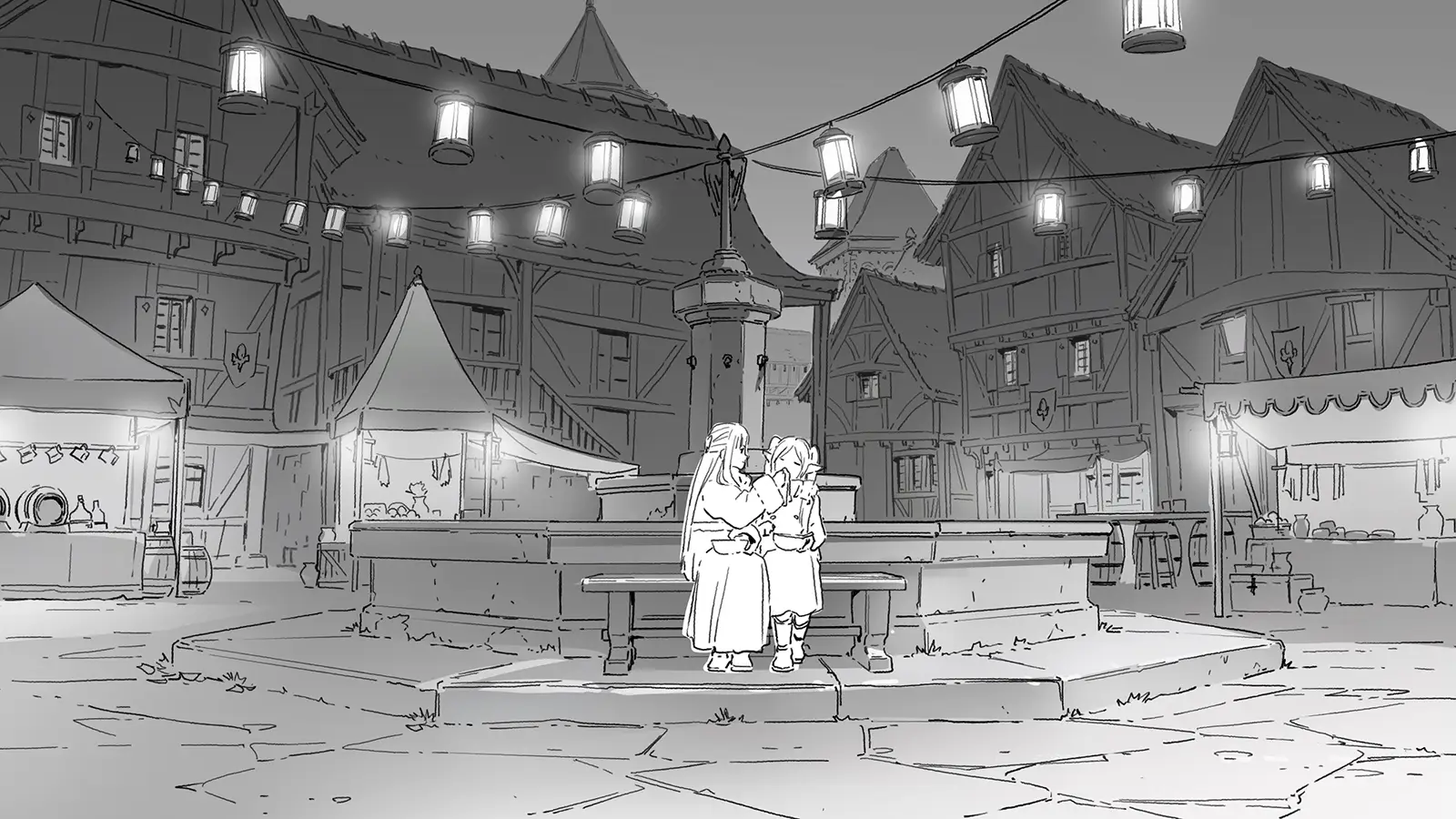 Concept art sketch from Frieren: Beyond Journey’s End Season 1 by background artist Seiko Yoshioka, showing a medieval town square at night with lanterns strung overhead, timber-framed buildings surrounding a central fountain, and two characters standing together on a stone platform, rendered in monochrome linework that emphasizes atmosphere, lighting placement, and architectural detail. アニメ『葬送のフリーレン』第1期の背景美術家・吉岡誠子（Seiko Yoshioka）によるコンセプトアートスケッチ。夜の町の広場を舞台に、頭上に吊るされたランタン、木組みの建物、中央の噴水、並んで立つ二人の人物をモノクロ線画で描き、雰囲気や光の配置、建築ディテールを強調している。