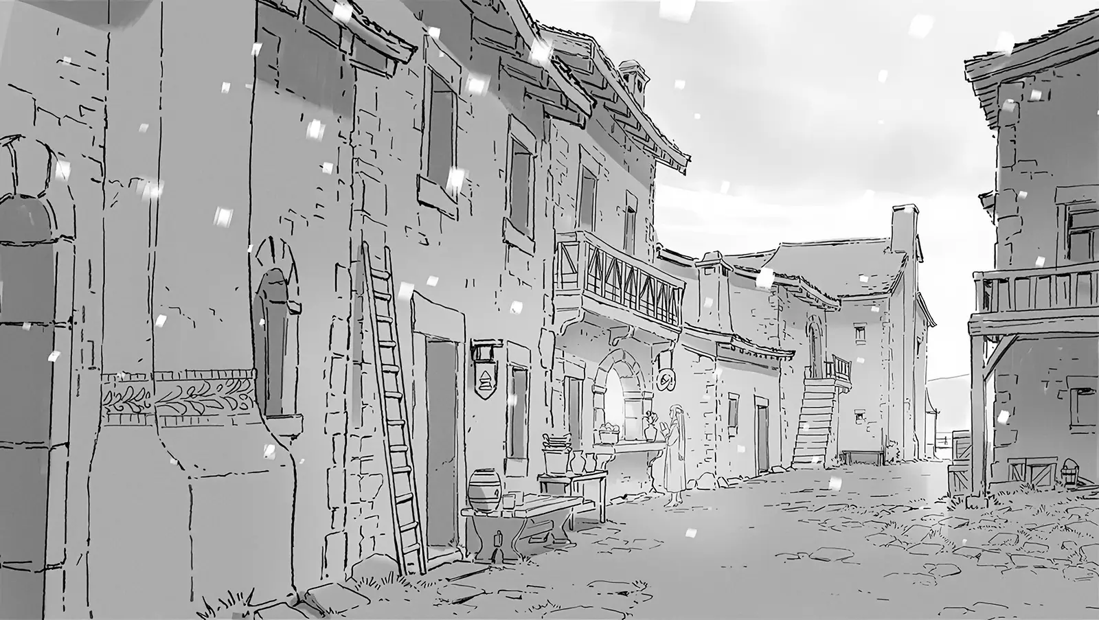 Concept art sketch from Frieren: Beyond Journey’s End Season 1 by background artist Seiko Yoshioka, showing a narrow stone-paved village street in winter with light snowfall, lined with old masonry buildings, wooden balconies, ladders, and barrels, rendered in clean monochrome linework with a calm, everyday atmosphere. アニメ『葬送のフリーレン』第1期の背景美術家・吉岡誠子（Seiko Yoshioka）によるコンセプトアートスケッチ。薄く雪が降る冬の村の細い石畳の通りを描き、石造りの家屋や木製のバルコニー、はしごや樽が並ぶ静かな日常風景を、端正なモノクロ線画で表現している。