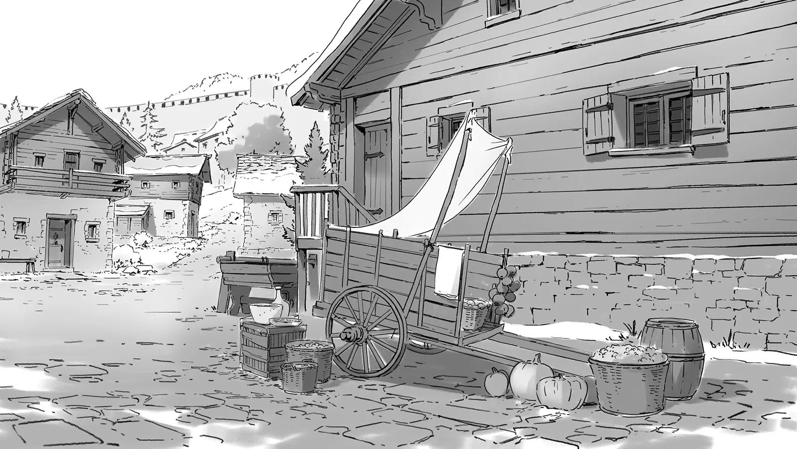 Concept art sketch from Frieren: Beyond Journey’s End Season 1 by background artist Seiko Yoshioka, showing a quiet village street with wooden houses and stone paving, where a small covered wagon loaded with baskets, barrels, and pumpkins rests beside a building, rendered in monochrome linework that emphasizes everyday life and the calm, lived-in atmosphere of the world. アニメ『葬送のフリーレン』第1期の背景美術家・吉岡誠子（Seiko Yoshioka）によるコンセプトアートスケッチ。木造家屋と石畳の村道沿いに、籠や樽、かぼちゃを積んだ小さな屋根付き荷車が建物のそばに置かれており、モノクロの線画で世界の日常感と静かで生活感のある空気を表現している。