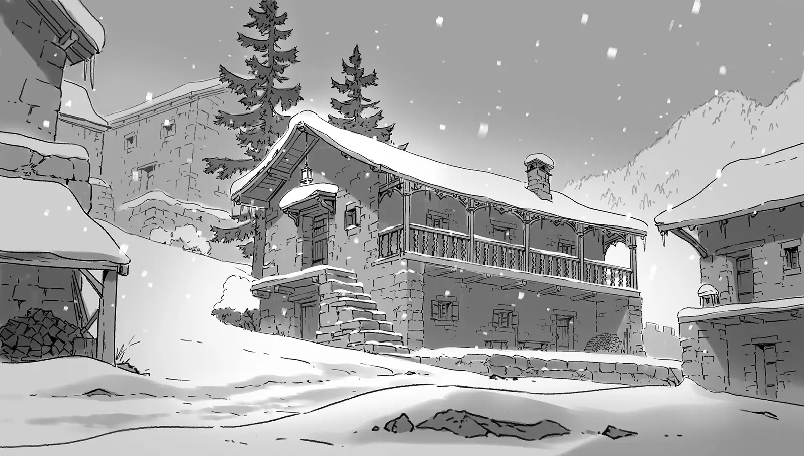 Concept art sketch from Frieren: Beyond Journey’s End Season 1 by background artist Seiko Yoshioka, depicting a quiet winter village scene with stone houses and wooden balconies covered in snow, light snowfall drifting through the air, tall pine trees behind the buildings, and distant mountains faintly visible, rendered in monochrome linework that conveys stillness, cold, and everyday life in a medieval fantasy setting. アニメ『葬送のフリーレン』第1期の背景美術家・吉岡誠子（Seiko Yoshioka）によるコンセプトアートスケッチ。雪に覆われた石造りの家屋と木製のバルコニーが並ぶ静かな冬の村を描いており、舞い落ちる雪、背後の針葉樹、遠くにかすむ山々が表現されている。モノクロの線画によって、寒さと静寂、そして中世ファンタジー世界の日常的な空気感が丁寧に伝えられている。