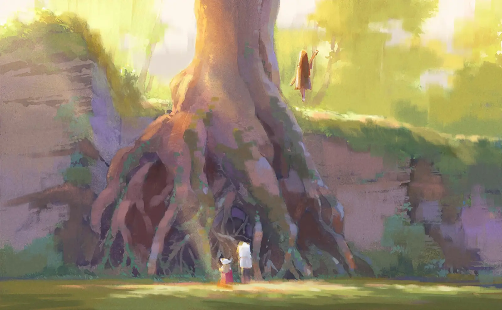 Forest color script artwork from Frieren: Beyond Journey’s End by background artist Seiko Yoshioka, depicting a massive ancient tree with exposed roots forming a hollow, where small figures stand beneath dappled sunlight filtering through a lush green canopy. アニメ『葬送のフリーレン』の背景美術家・吉岡誠子（Seiko Yoshioka）による森のカラースクリプト。木漏れ日が差し込む緑豊かな森の中、巨大な古木の根元に空いた洞の前に小さな人物たちが佇む幻想的な情景を描いている。