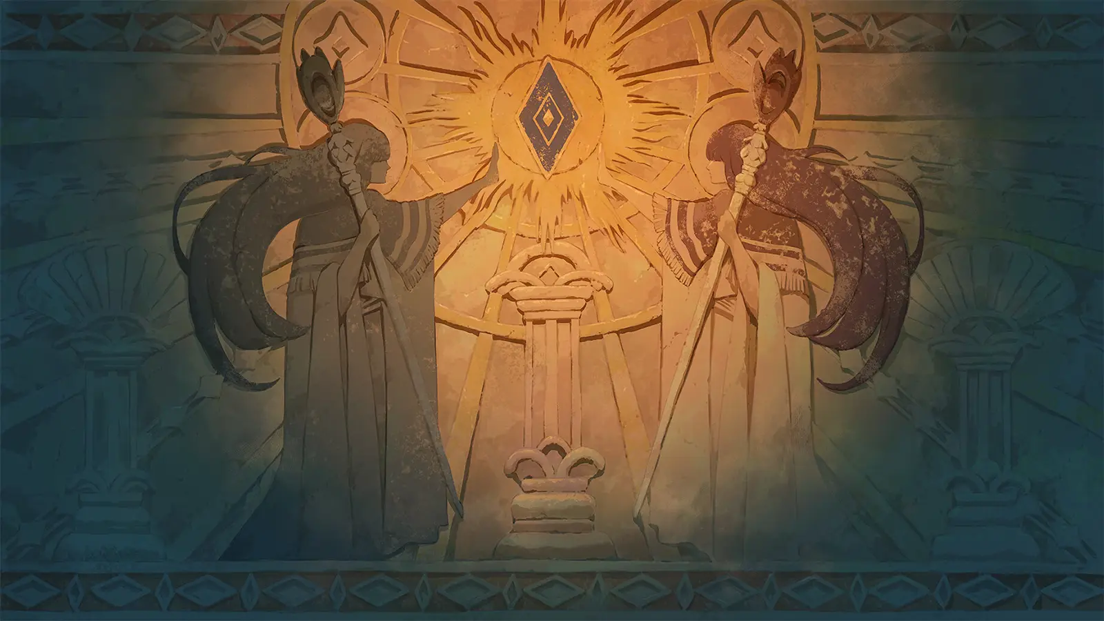 Frieren: Beyond Journey’s End (Season 1) background art — a weathered stone mural of two robed figures holding staffs, facing a central pedestal beneath a radiant, diamond-shaped emblem glowing in warm gold. 『葬送のフリーレン』第1期の背景美術— 杖を持つ二人のローブ姿が向かい合い、中央の台座の上に金色に輝く菱形の紋章が放射状に光る、風化した石の壁画。