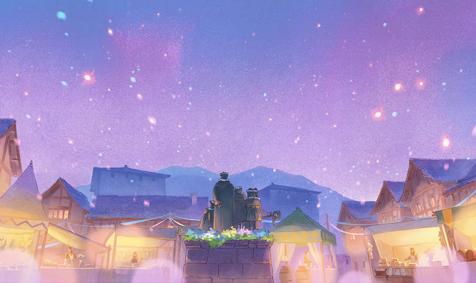 Frieren: Beyond Journey’s End (Season 1) background art — a softly lit medieval market square at dusk, with warm lantern glow from vendor stalls, rooftops dusted with snow, and a violet sky filled with drifting snowflakes above a central stone monument. 『葬送のフリーレン』第1期の背景美術— 夕暮れの中世風の市場広場。屋台の灯りがあたたかく輝き、雪をかぶった屋根並みの上に、雪片が舞う紫がかった空と中央の石造モニュメントが描かれている。