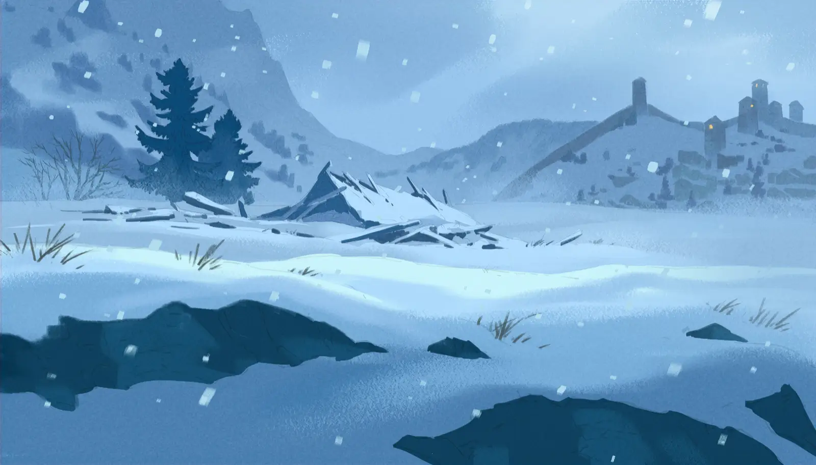 Snowy landscape color script from Frieren: Beyond Journey’s End by background artist Seiko Yoshioka, depicting a frozen field with drifting snow, broken ruins in the foreground, dark pine trees, and a distant mountain fortress under a cold blue sky. アニメ『葬送のフリーレン』の背景美術家・吉岡誠子（Seiko Yoshioka）による雪景色のカラースクリプト。吹雪に覆われた原野に崩れた遺構が広がり、松林と遠方の山岳要塞が冷たい青の空の下に描かれている。