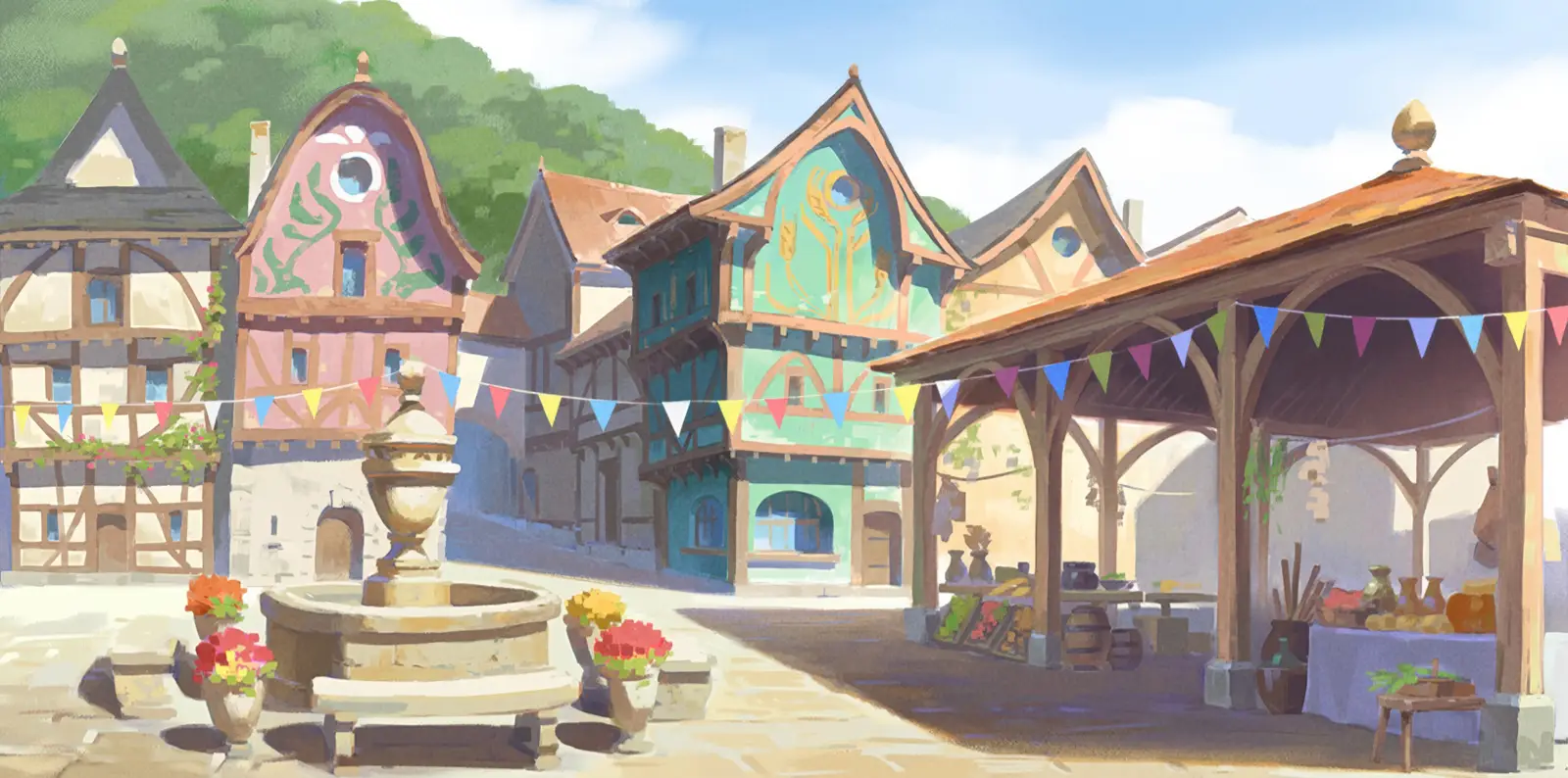 Frieren: Beyond Journey’s End Season 1 — color script painting by Seiko Yoshioka: a sunlit medieval town square with a stone fountain, flower pots, colorful timbered buildings, and a covered market stall draped with bright festival bunting. 『葬送のフリーレン』第1期／ヨシオカセイコのカラースクリプト絵：陽だまりの中世風の広場。石造りの噴水と花鉢が並び、色鮮やかな木組みの家々と、三角旗で飾られた屋根付きの市場の屋台が描かれている。