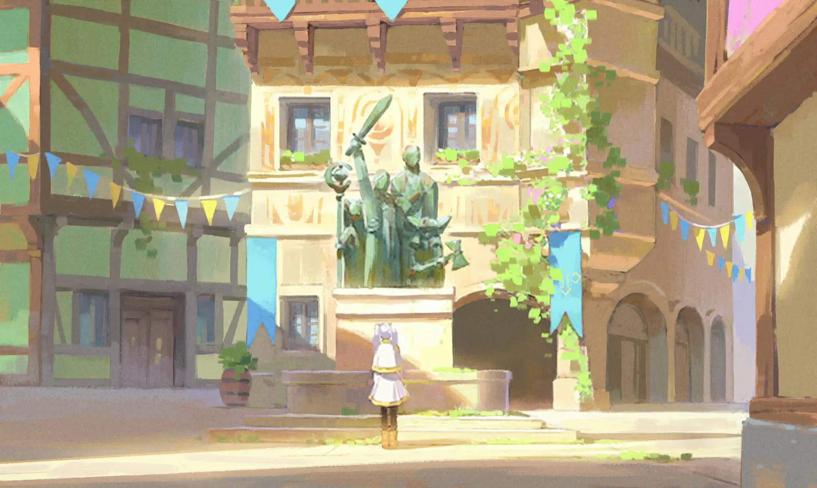 Frieren: Beyond Journey’s End Season 1 — color script painting by Seiko Yoshioka: in a warm, sunlit courtyard, Frieren stands facing a bronze hero statue in front of pastel timbered buildings, with hanging bunting, ivy climbing a wall, and an arched passageway in the background. 『葬送のフリーレン』第1期／ヨシオカセイコのカラースクリプト絵：やわらかな日差しが差し込む中庭で、フリーレンが銅像の英雄像を見上げて立っている。パステル調の木組みの建物、三角旗の飾り、壁を這うツタ、奥にはアーチ状の通路が描かれる。
