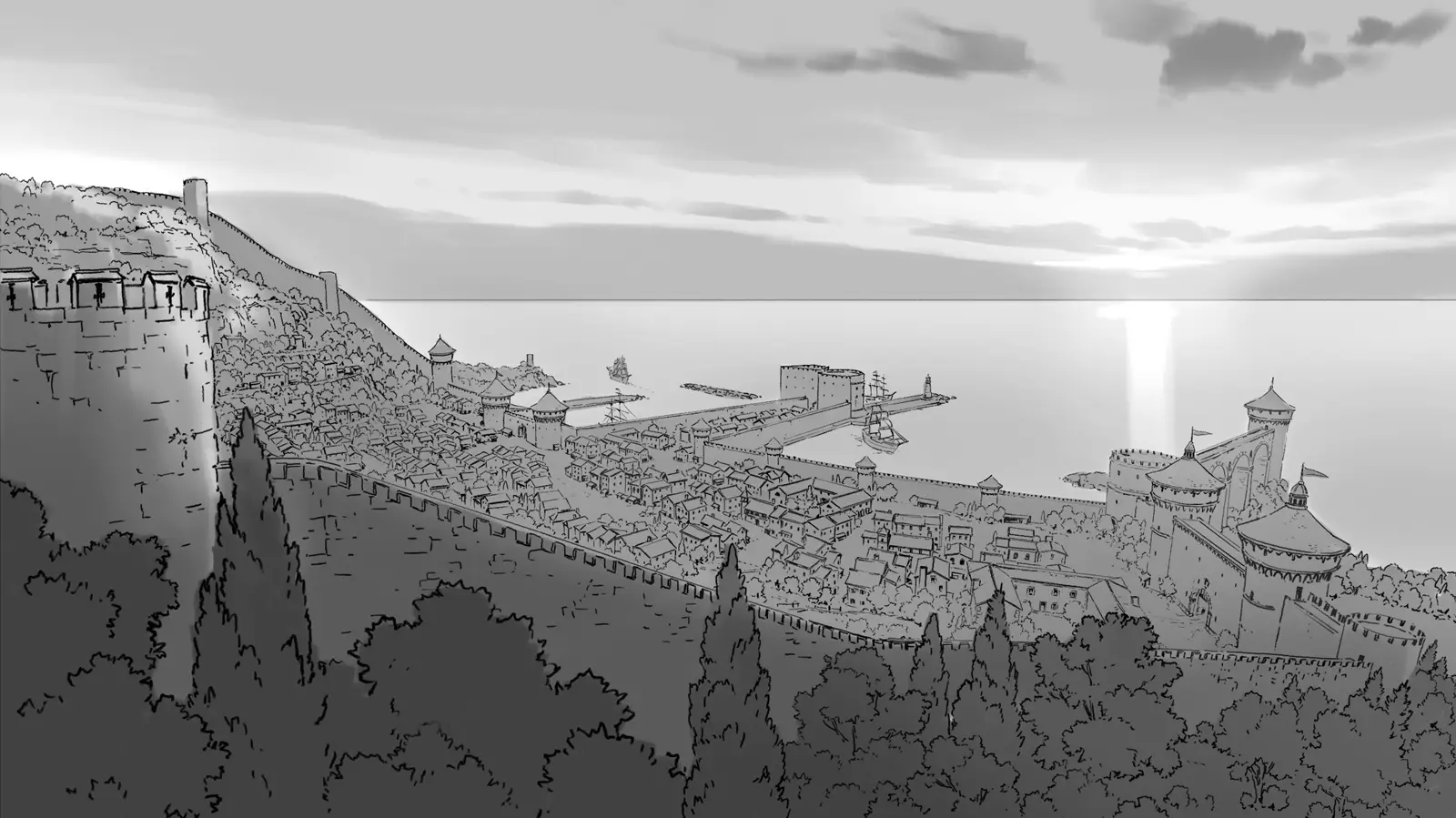 Frieren coatal city scene sketch