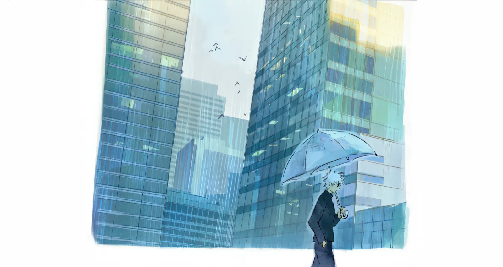 Color script from Jujutsu Kaisen Season 2: a white-haired man in a dark suit walks through a rainy city canyon, holding a clear umbrella as blue glass skyscrapers loom above and birds cut across the pale sky. 『呪術廻戦』第2期のカラースクリプト：雨の降る高層ビル街を、黒いスーツの白髪の男性が透明な傘を差して歩く。青いガラス張りのビルがそびえ、淡い空を鳥が横切っている。