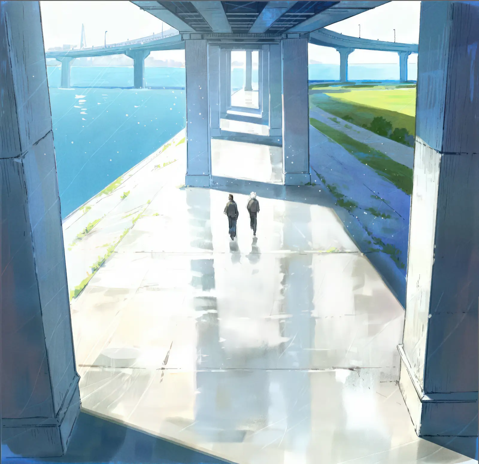 Color script from Jujutsu Kaisen Season 2: two figures walk across a rain-slick walkway beneath a massive highway overpass, with bright blue water on one side and a sunlit green embankment on the other, their reflections stretching across the wet concrete. 『呪術廻戦』第2期のカラースクリプト：巨大な高架道路の下、雨で濡れた通路を2人が歩く。片側には青い水面、反対側には日差しの当たる緑の土手が広がり、濡れたコンクリートに長い反射が映っている。