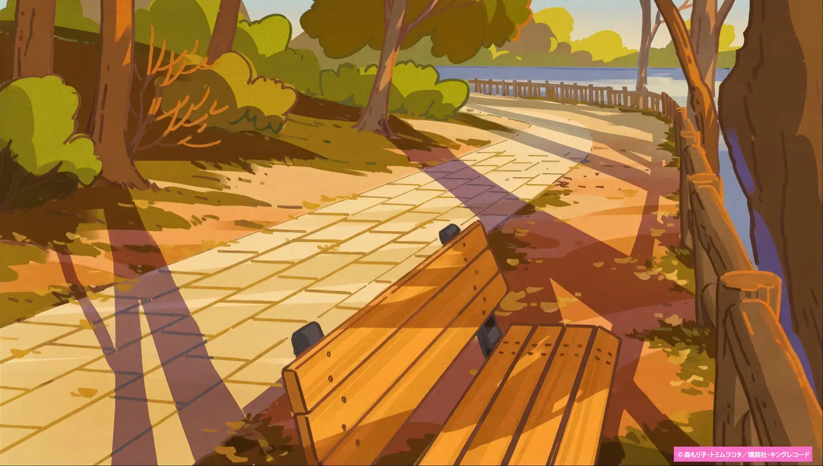Background art from My Roomie Is a Dino (Gal & Dino) of a quiet riverside walkway in late-afternoon light, with a wooden bench in the foreground, long tree shadows across the path, and a railing leading toward the water. 「『ギャルと恐竜（My Roomie Is a Dino）』の背景美術。夕方の柔らかな光に包まれた川沿いの遊歩道。手前に木製ベンチがあり、木々の長い影が道に伸び、水辺へ続く柵が見える。」