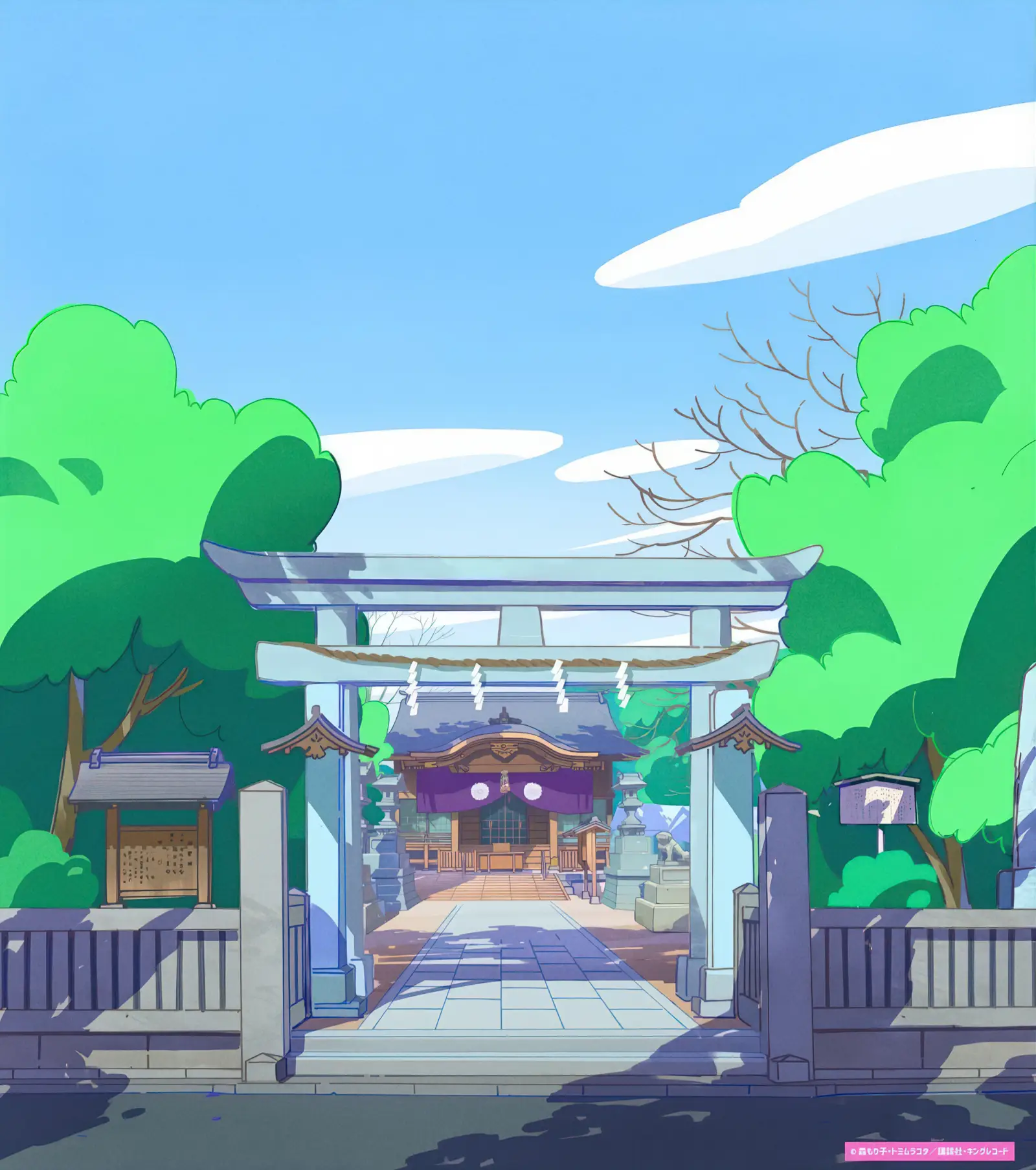 A bright, clear-day view through a torii gate into a small Shinto shrine courtyard, framed by lush green trees and a blue sky with long white clouds (background art from My Roomie Is a Dino). 青空と細長い雲の下、緑の木々に囲まれた鳥居越しに小さな神社の境内を見通す風景（『ギャルと恐竜』の背景美術）。